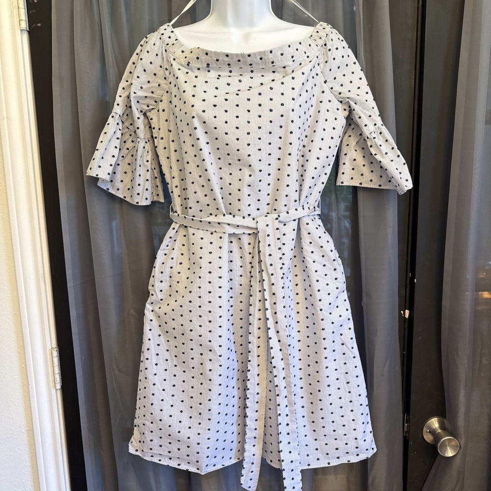 Banana Republic Size S White Blue Striped Polka Dot Off Shoulder Dress Belted